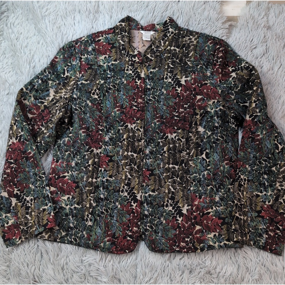 Christopher & Banks Jacket Womens L Tapestry Floral Leaf Zip Up Lightweight